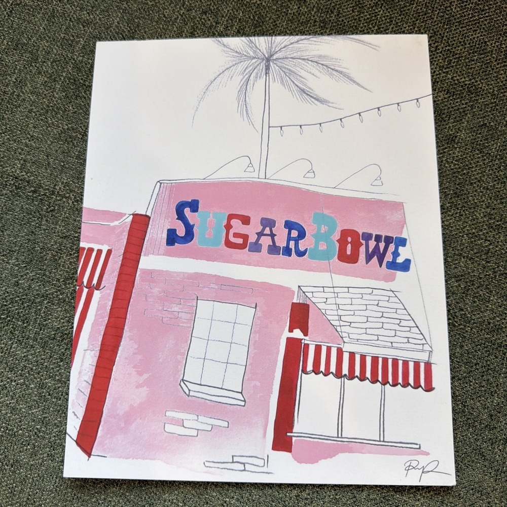 Paige Poppe Sugar Bowl Print Signed Retro Cafe Pink Mid Century Style Art